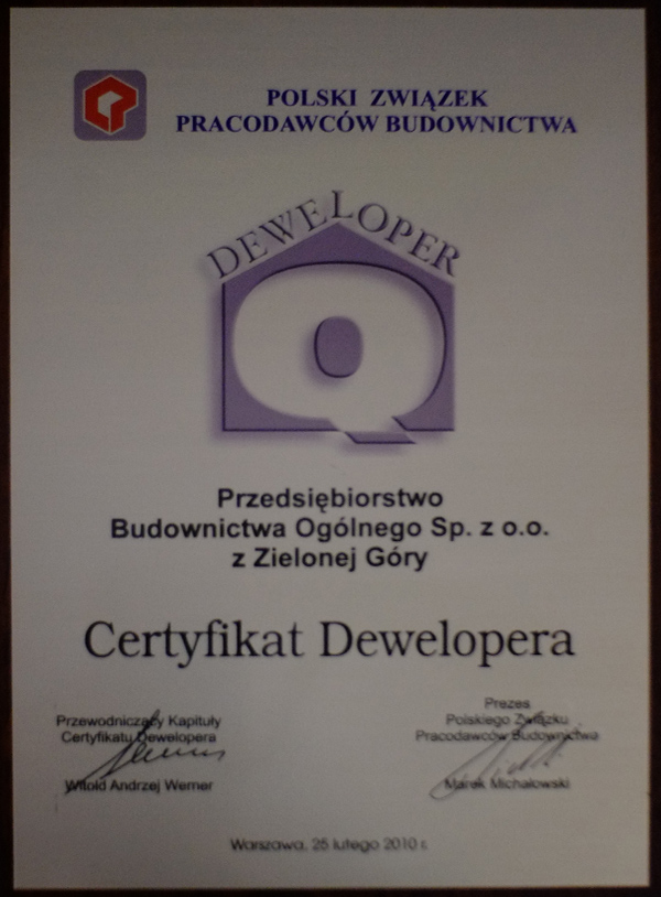 Certyfikat Dewelopera Polski Związek Pracodawców Budownictwa